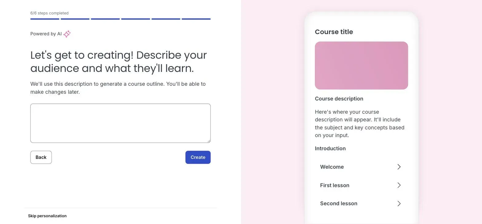 Thinkific's AI course setup asking for a one-line description of the audience and what they will learn