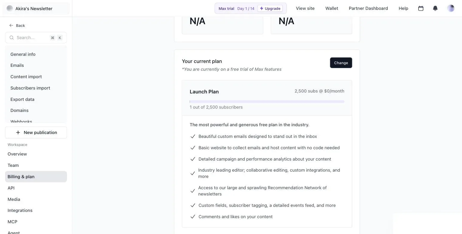 beehiiv's billing page showing the current plan as the free Launch tier while on a trial of Max features