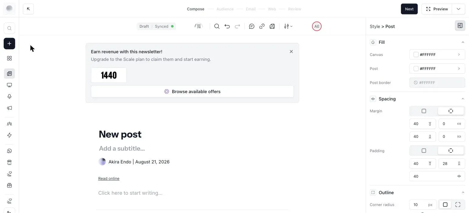beehiiv's post editor with the Compose–Audience–Email–Web–Review pipeline, showing the Ad Network upgrade banner above a new draft