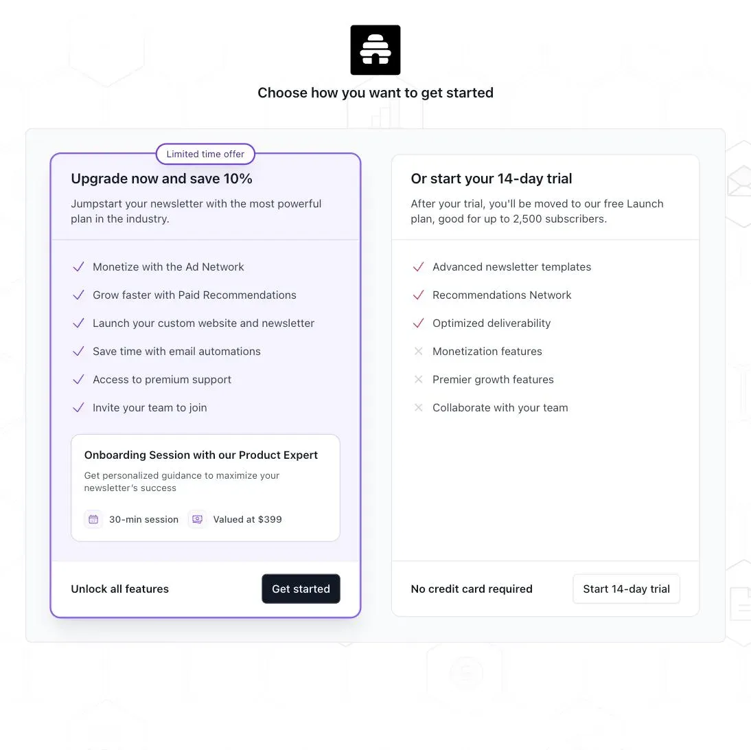 beehiiv's signup choice between upgrading and a 14-day trial, stating that the account moves to the free Launch plan afterwards