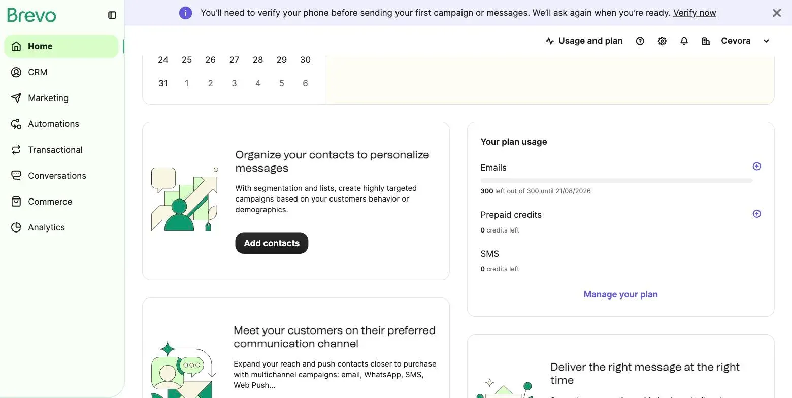 Brevo's in-account plan usage panel showing 300 emails remaining out of 300 for the day