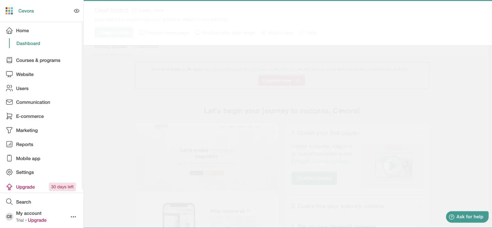 The LearnWorlds trial dashboard with the getting-started checklist