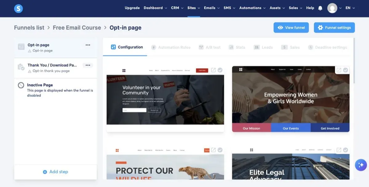 systeme.io funnel editor showing the auto-generated opt-in and thank-you steps with the template gallery