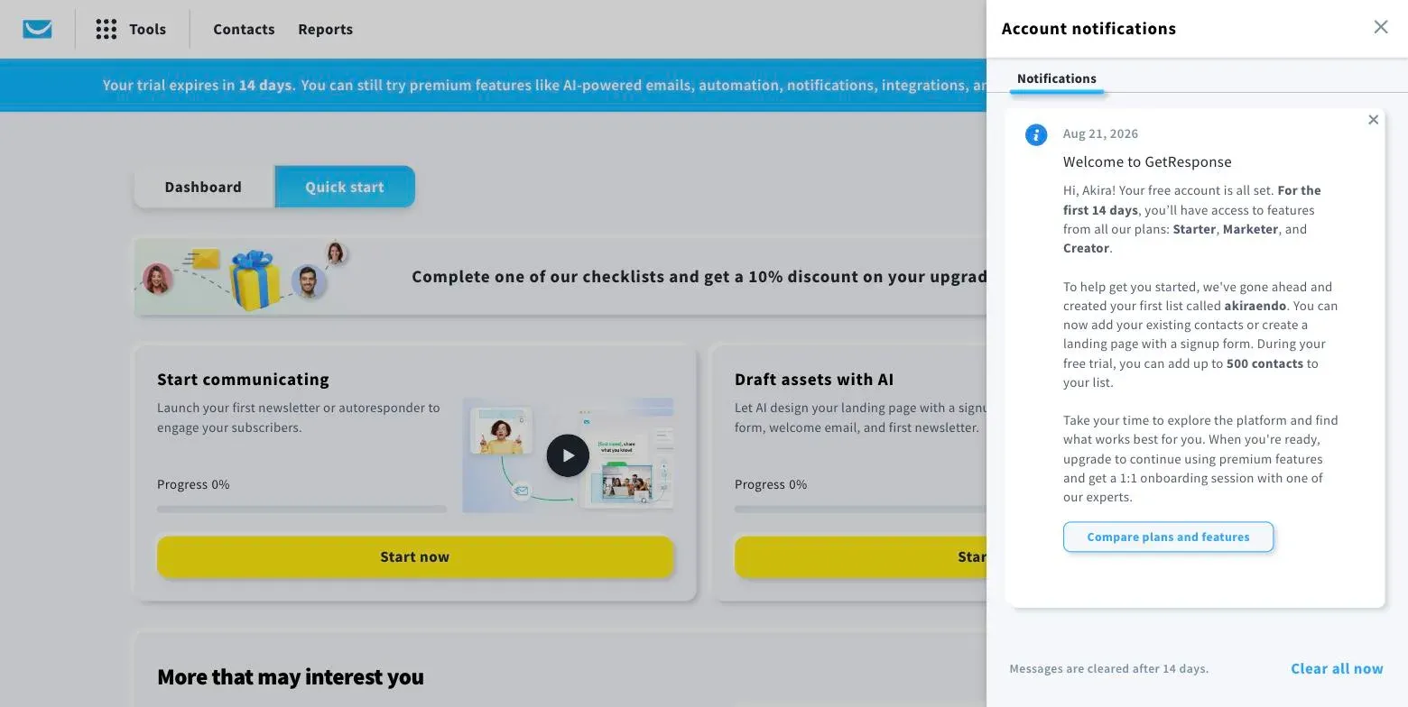 GetResponse's welcome notification stating the free account is set up with access to all plan features for the first 14 days and up to 500 contacts