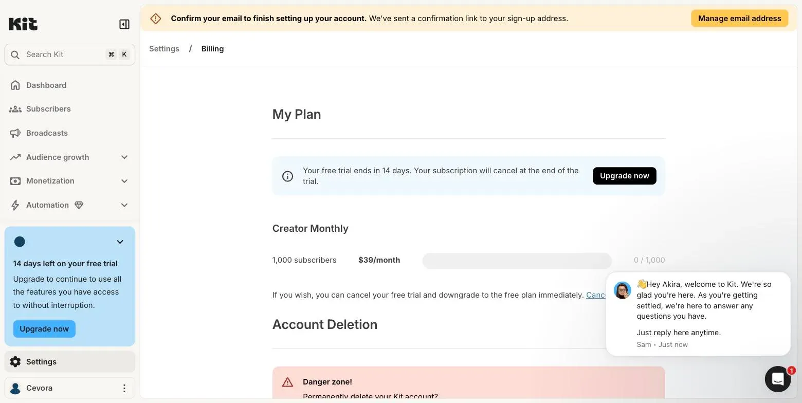 Kit's billing settings showing a 14-day free trial of the Creator Monthly plan at $39/month, with an option to downgrade to the free plan