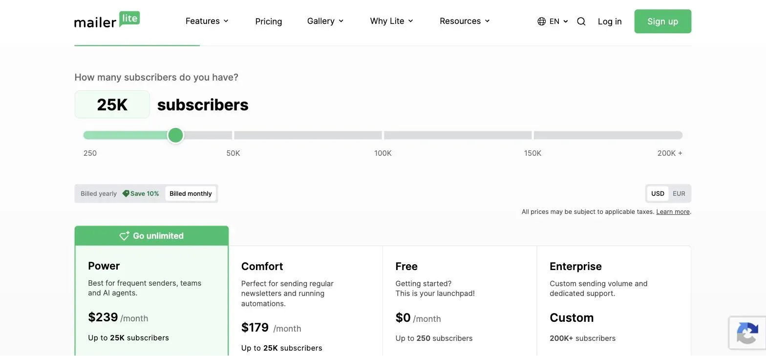 MailerLite's pricing calculator set to 25,000 subscribers, showing Comfort at $179 and Power at $239 per month