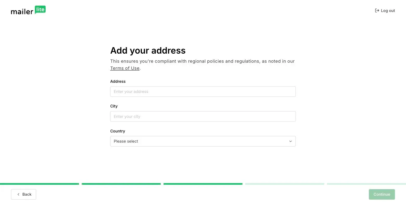 MailerLite onboarding requiring a physical postal address before the product can be used