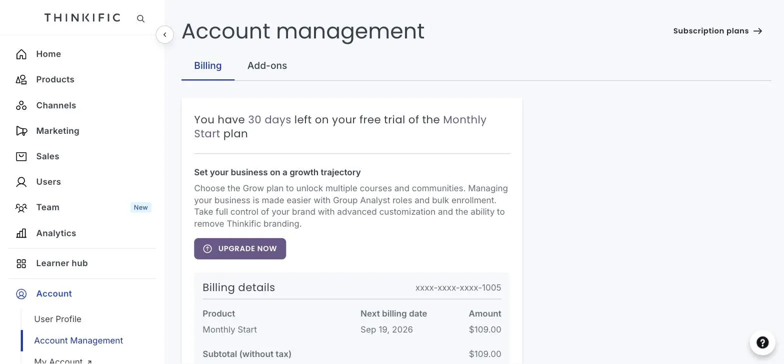 Thinkific trial billing screen showing the Start plan with a $109 next charge